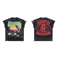 Rough Play Skeleton Cruiser Oversized Graphic Tee — Washed Black