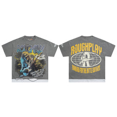 Rough Play Skeleton Guitarist Oversized Graphic Tee — Grey