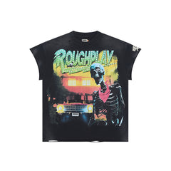 Rough Play Skeleton Cruiser Oversized Graphic Tee — Washed Black