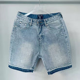 Mixed Emotion Washed Denim Shorts – White Rhinestone Print