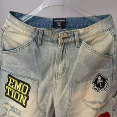 Mixed Emotion Multi‑Patch Distressed Carpenter Jeans