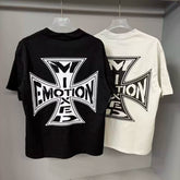 Mixed Emotion Cross Logo Distressed Short Sleeve T‑Shirt