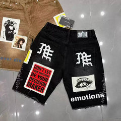 Mixed Emotion Black Denim Shorts – Patchwork Emotion Print