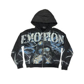 Mixed Emotion Black Zip Hoodie – Blue Yellow Graffiti Portrait Print