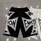 Mixed Emotion Cross Logo Frayed Hem Sweat Shorts