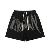 Mixed Emotion Black Shorts – White Rhinestone Art Letter Print
