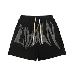 Mixed Emotion Black Shorts – White Rhinestone Art Letter Print