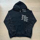 Mixed Emotion Rhinestone Logo Zip‑Up Hoodie Tracksuit Set