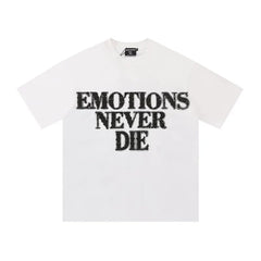 Mixed Emotion White Tee – Studded Emotions Never Die Back Print