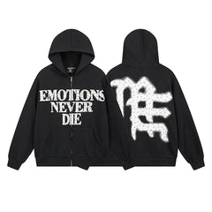 Mixed Emotion Black Zip Hoodie – White Emotions Never Die Print