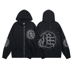 Mixed Emotion Black Zip Hoodie – White Rhinestone Logo Print