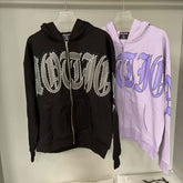Mixed Emotion Rhinestone Gothic Letter Zip‑Up Hoodie