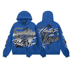 Mixed Emotion Hate Or Love Front‑Back Print Pullover Hoodie