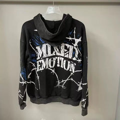 Mixed Emotion Black Zip Hoodie – Blue Yellow Graffiti Portrait Print