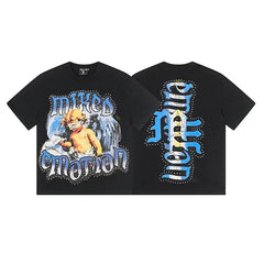 Mixed Emotion Black Tee – Studded Blindfolded Angel Gothic Print