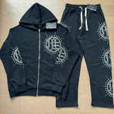 Mixed Emotion Rhinestone Sun Logo Zip‑Up Hoodie Tracksuit Set