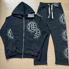 Mixed Emotion Rhinestone Sun Logo Zip‑Up Hoodie Tracksuit Set