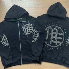 Mixed Emotion Rhinestone Sun Logo Zip‑Up Hoodie Tracksuit Set
