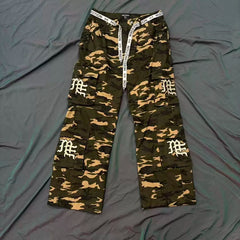 Mixed Emotion Camo Multi‑Pocket Embroidered Cargo Pants
