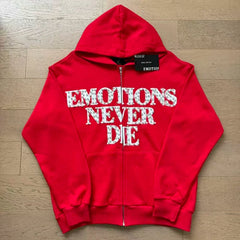 Mixed Emotion Emotions Never Die Rhinestone‑Effect Zip‑Up Hoodie