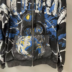 Mixed Emotion Black Zip Hoodie – Blue Yellow Graffiti Portrait Print