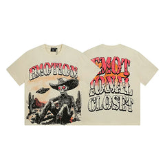 Mixed Emotion Cream Tee – Western Skull Cowboy Print