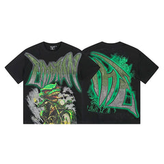 Mixed Emotion Black Tee – Graffiti Green Lizard Biker Print