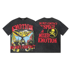 Mixed Emotion Black Washed Tee – Red Emotion Warning Skull Print