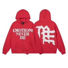 Mixed Emotion Emotions Never Die Rhinestone‑Effect Zip‑Up Hoodie