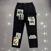Mixed Emotion Newspaper Patchwork Flare Cargo Jeans