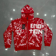 Mixed Emotion Red Splatter Graffiti Full‑Zip Hoodie