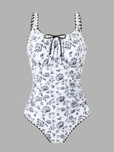 Floral Print Drawstring Swimsuit Women One Piece Strappy Swimwear Female Monokini Bathing Swimming Suit Padded Beachwear