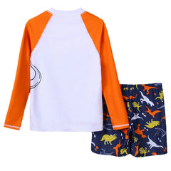 Kids Boys Two-Piece Bathing Suit Coconut Tree/Dinosaur/Geometric Printed Swimsuit Set Swimwear Long Sleeve T-shirt with Shorts