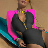 Patchwork One Piece Swimsuit Long Sleeve Swimwear Women Bathing Suit Retro Zipper Swimsuit One Piece Surfing Swim Wear