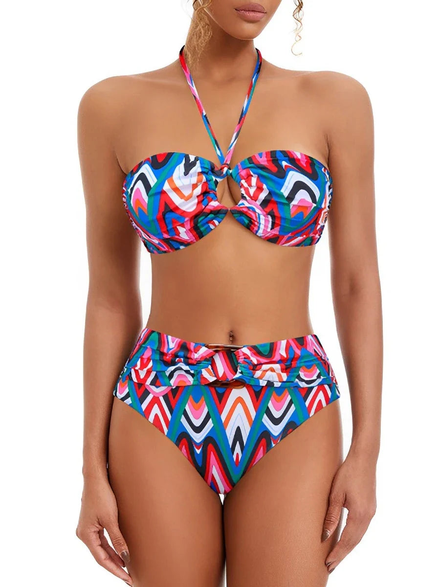 Halter Bandeau Bikini Women High Waist Swimsuit Female Padded Swimwear Bathers Bathing Swimming Swim Suit Summer Beachwear
