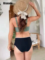 Women Crochet Lace 2 Piece High Waisted Bikini Set V Neck Drawstring Sides Ruched Swim Summer Bathing Suit