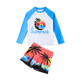 Kids Boys Two-Piece Bathing Suit Coconut Tree/Dinosaur/Geometric Printed Swimsuit Set Swimwear Long Sleeve T-shirt with Shorts