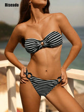 Women's 2 Piece Strapless Swimsuit Striped Bandeau Low Waisted Bikini Set Bathing Suit