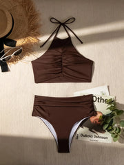 Coffee Coloured Halter Pleated Bikini Set Women