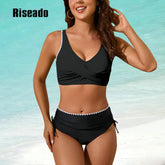 Women Crochet Lace 2 Piece High Waisted Bikini Set V Neck Drawstring Sides Ruched Swim Summer Bathing Suit