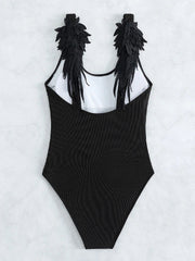 Solid Strapped Swimwear Women 3D Embroidered Wings One Piece Swimsuit Monokini Push UP Summer Bathing Suit