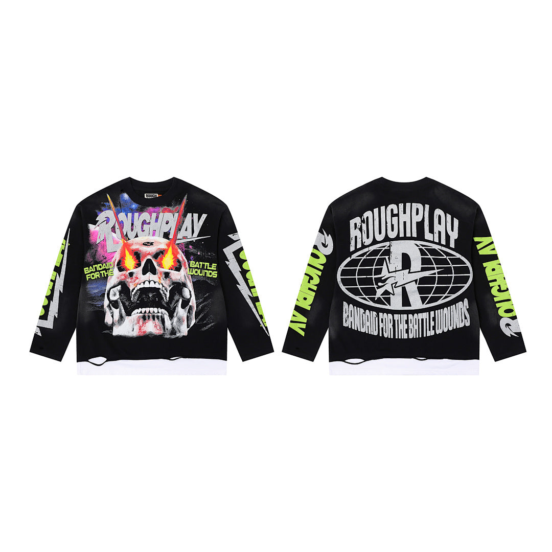 Rough Play Fire Skull Oversized Long Sleeve — Black