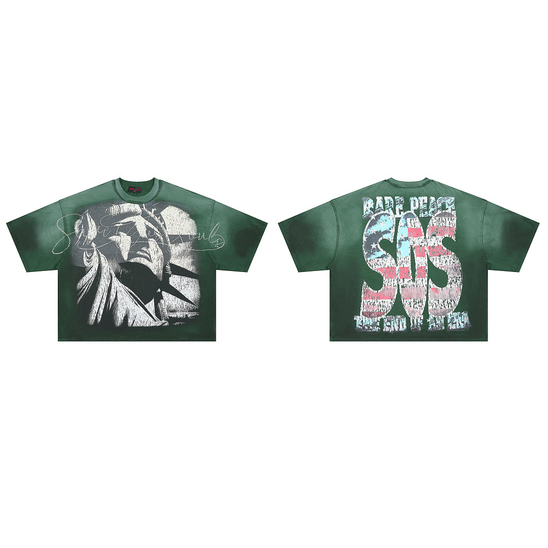 Rare Peace Lady Liberty Oversized Graphic Tee - Forest Green
