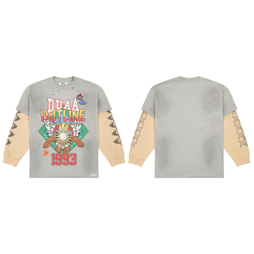 DUAA Hotline Drivin’ Speed 1993 Double Layer Long Sleeve Tee — Grey / Cream