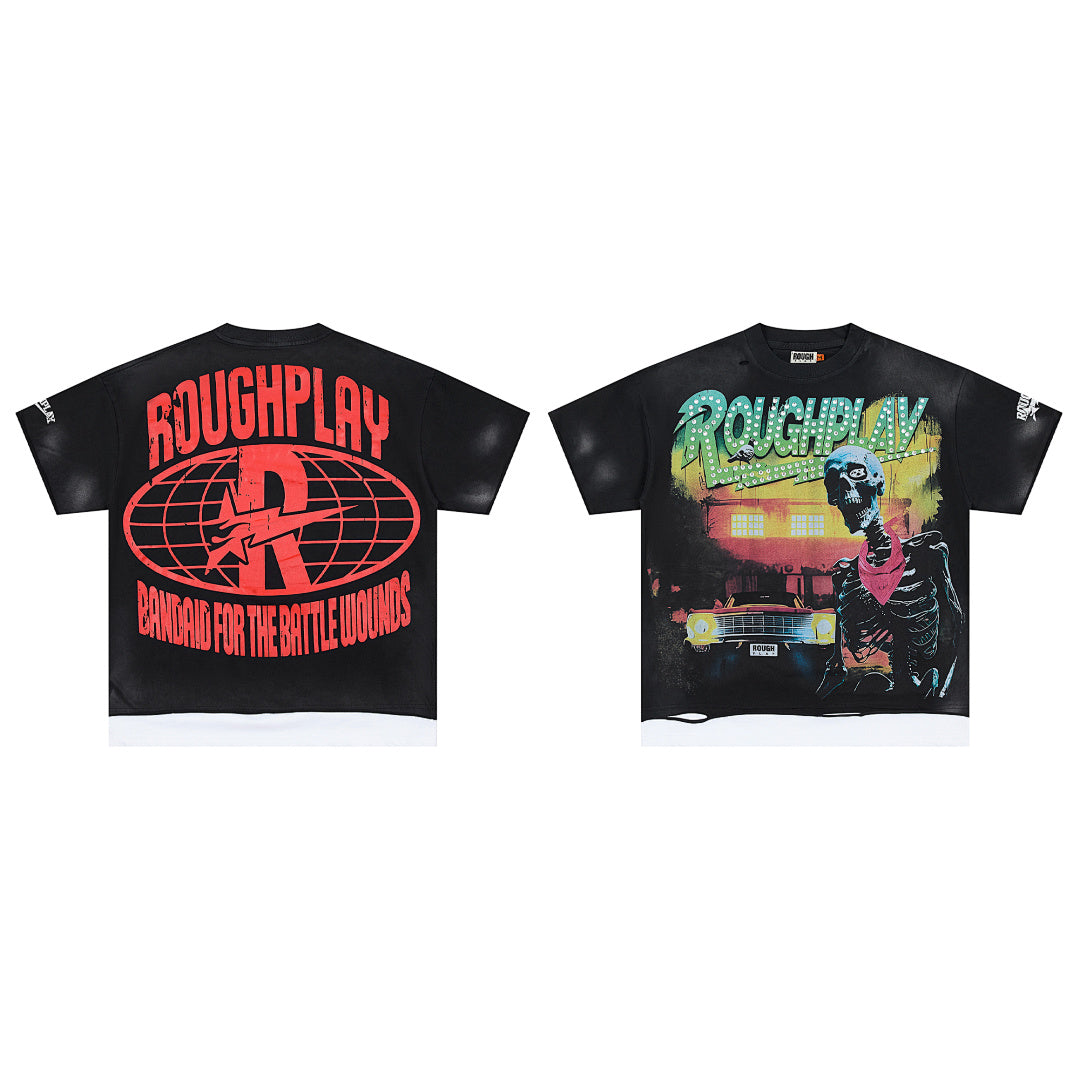 Rough Play Skeleton Cruiser Oversized Graphic Tee — Black