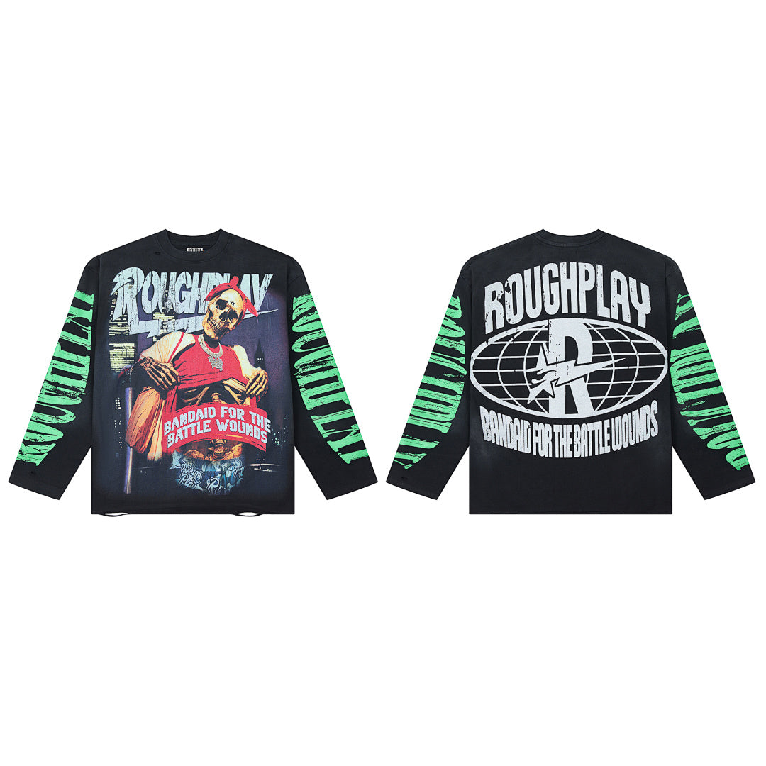 Rough Play Skeleton Wrestler Oversized Long Sleeve Tee — Black