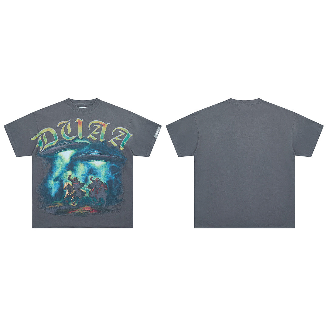 DUAA UFO Abduction Oversized Graphic Tee — Washed Grey