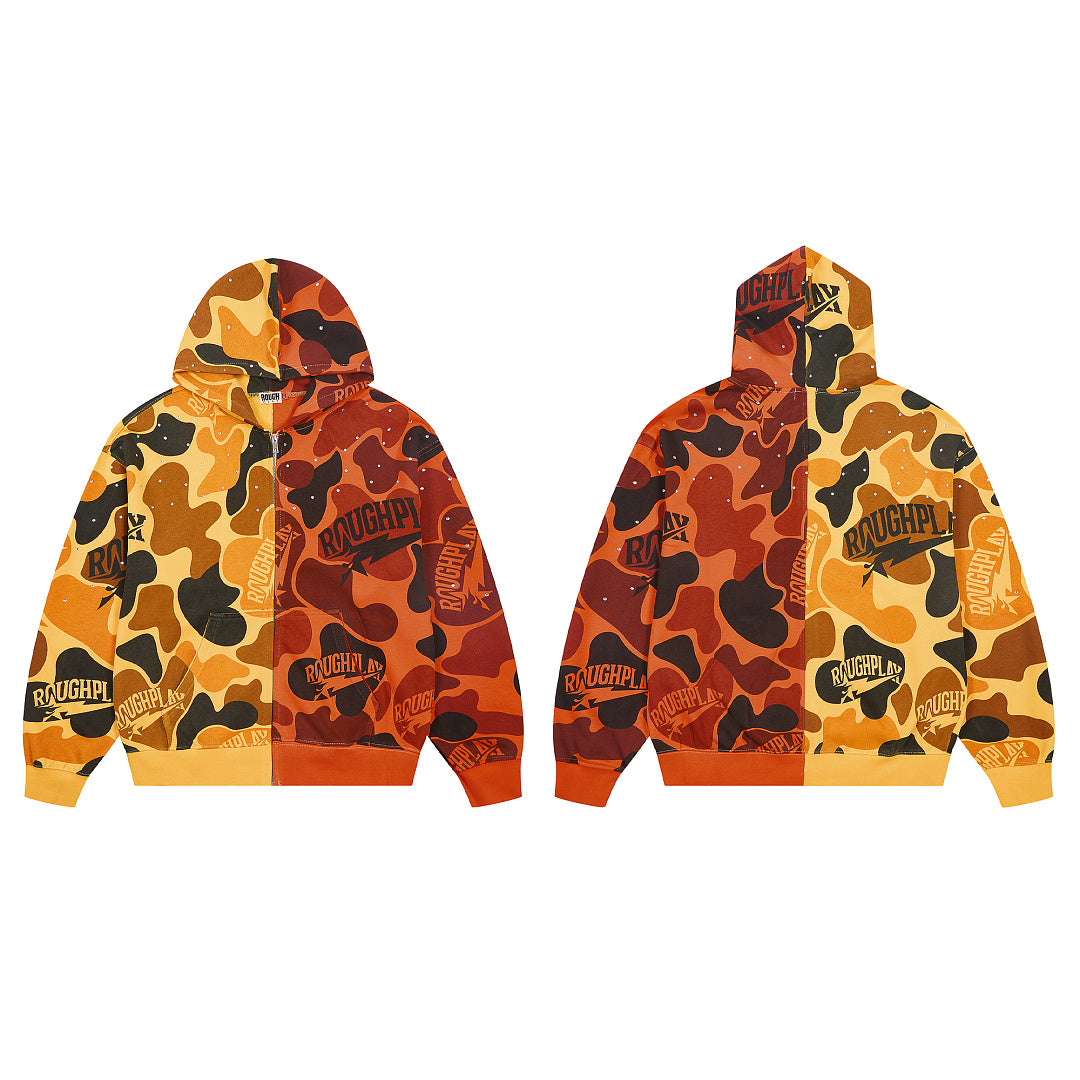 Rough Play Split Camo Oversized Zip Hoodie — Yellow / Orange