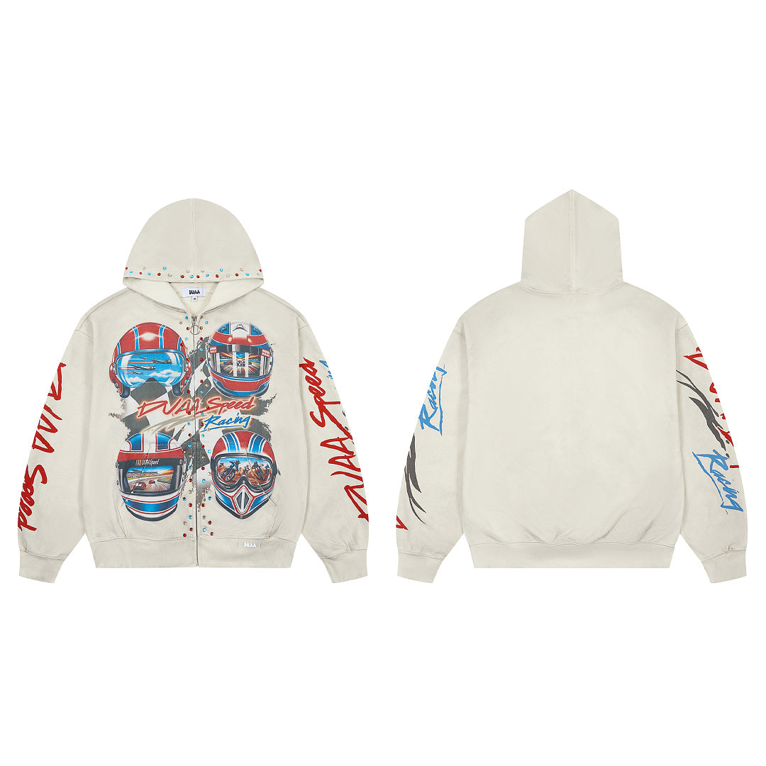 DUAA Velocity Speed Racing Oversized Zip Hoodie — Washed Beige