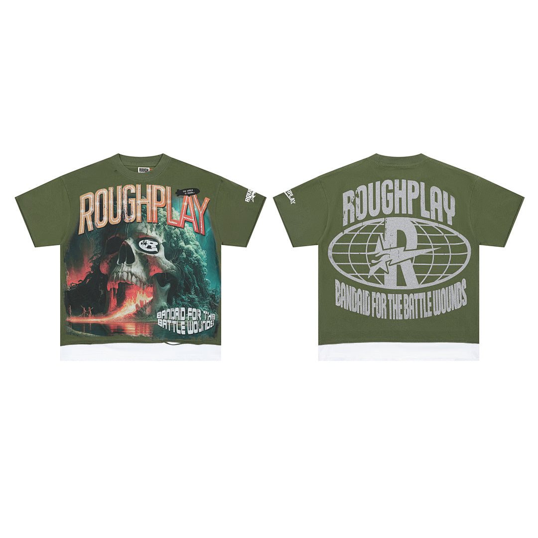 Rough Play Jungle Skull Oversized Graphic Tee — Olive